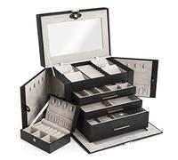 Meerveil Schmuckkasten und Tragbare Schmuckschatulle, Große 4-Stöckige Schmuckschatulle mit Spiegel, Transluzentes Glas, Halskettenplatte, Uhren-Organizer, Mehrere Aufbewahrungsfächer, PU, Schwarz