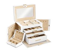 Meerveil Schmuckkasten und Tragbare Schmuckschatulle, Große 4-Stöckige Schmuckschatulle mit Spiegel, Transluzentes Glas, Halskettenplatte, Uhren-Organizer, Mehrere Aufbewahrungsfächer, PU, Weiß