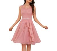 Meetjen Brautjungfer Kleid Damen Kurz Cocktailkleid Elegant A-Linie Spitzenkleid Ärmellos Abendkleid Chiffon Blush XL