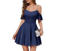 Meetjen Damen Cocktailkleider Sommer Schulterfrei Kurzes Elegant Ballkleid für Teens Fit and Flare Ballkleid Marineblau M