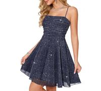Meetjen Glitzerndes Cocktailkleid für Damen, A-Linie, gerüscht, Tüll, Pailletten, kurz, Abschlussballkleider für Teenager, Sommerparty 2026, Marineblau, X-Groß