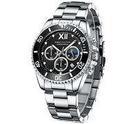 MEGALITH Uhren Herren Chronograph Edelstahl: Herrenuhr Groß Silber Schwarz - Armbanduhr Herren mit Datum Leuchtende Moon Phase