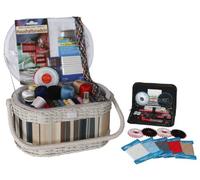 Megashop 2000 Nähkasten oval weiß gestreift - gefüllt mit über 150 Teile Inhalt: Nähkorb aus Bast, Kunststoff und Stoff, Reisenähset aus Kunstleder