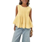 Megfie Damen Sommerbluse mit plissiertem Schößchen, ärmellos, Tank-Top, Rundhalsausschnitt, Y2K, Babydoll-Bluse, Shirt, gelb, Mittel