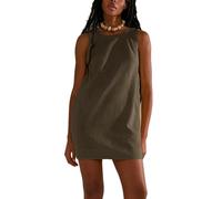 Megfie Damen-Sommerkleid, Rundhalsausschnitt, ärmellos, offener Rücken, lässig, Strand, Sonnenschein, Baumwolle, Leinen, Minikleid, Kaffee, Klein