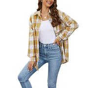 Megfie Übergroßes Damen-Flanellhemd, kariert, weiches Flanellhemd, Knopfleiste, langärmelig, Flanell, kariert, Blusen für Damen, gelb, Mittel