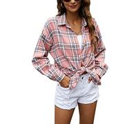 Megfie Übergroßes Damen-Flanellhemd, kariert, weiches Flanellhemd, Knopfleiste, langärmelig, Flanell, kariert, Blusen für Damen, #2pink, X-Large