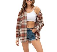 Megfie Übergroßes Damen-Flanellhemd, kariert, weiches Flanellhemd, Knopfleiste, langärmelig, Flanell, kariert, Blusen für Damen, Orangekaffee, Mittel