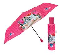 Mehrfarbiger Regenschirm Automatik für Frauen mit Punkten - Taschenschirm Taschenregenschirm Kompakt Mini Leicht Winddicht - Regen Schirm Klein Reisen - Durchmesser 96 cm (Rosa mit Katzen)