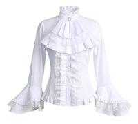 Meiaoxiu Viktorianische Bluse für Damen, Vintage, Gothic, Lolita, Pirat, langärmelig, Spitze, Rüschen, Renaissance, Mittelalter, Weiss/opulenter Garten, X-Groß