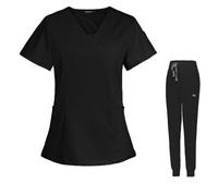 Meichoon Scrubs für Frauen Set Sweet V-Neck Top mit 3 Taschen Stretch Yoga Jogging Hose Soft Moisture Wicking DK08 Black X-Small