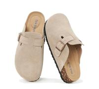 Meik Mangni Wildleder Clogs für Damen Herren Komfort Kartoffel Schuhe mit Arch Support Frauen aus Leder rutschfest Pantoletten mit Weiches Kork Fußbett,Beige,Gr.39 EU