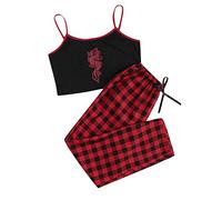 Meilily Damen Lässiges BH-Oberteil Schlafanzughose 2PCS Unterwäscheset Spitze V-Ausschnitt Oberteile Ärmellose Tank Top Karierte Pyjamahose Kurz Baumwolle Shorty Nachtwäsche Sleep Hose Pants