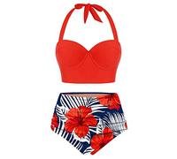Meilily Damen Retro Stil Blumendruck mit Hoher Taille Badeanzug Bikini Set, Tankini 50er Damen Retro Vintage Bikini Sets High Waist Bademode Badeanzug Neckholder Swimsuit Set Backless Strandmode
