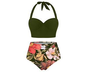 Meilily Damen Retro Stil Blumendruck mit Hoher Taille Badeanzug Bikini Set, Tankini 50er Damen Retro Vintage Bikini Sets High Waist Bademode Badeanzug Neckholder Swimsuit Set Backless Strandmode