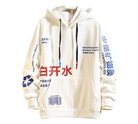 Meilily Herren Techwear Hip Hop Hoodie Spleißen Streetwear Patchwork Urban Jumper Sweatshirt Kapuzenpullover Chinesisches Schriftzeichen Drucken Pullover, Weiß, (M)