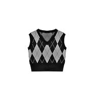 MeiLiSis Damen-Strickpulloverweste, Ärmellos, V-Ausschnitt, Modische Karierte Strickweste In Schwarz, Schmale Crop-Pulloverweste, Pullover-Oberteile, Y2K-Modeweste, Tanktop, Wie Abgebildet, M