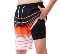 MEILONGER Badehose Jungen 2 in 1 Badeshorts Kinder Schnelltrocknend Boardshorts Bademode Schwimmhosen mit Kompression Innenhose Verstellbare Tunnelzug(Striped Orange,152)