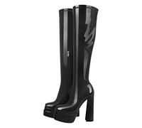 Meinabsatz Damen Plateau Stiefel Blockabsatz Eckige Kniestiefel High Heels Knee Stretch Boots mit Reißverschluss Lackleder Schwarz 42 EU