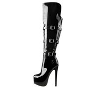 Meinabsatz Damen Plateau Stiefel High Heels Langschaft Overknee Boots Stilettos Reißverschluss Gothic Schnallen Lackoptik Schwarz 44 EU