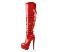 Meinabsatz Damen Plateau Stiefel Langschaft Boots Overknee Stilettos High Heels Überkniestiefel mit Schnallen Lack Rot 44 EU