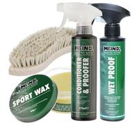 Meindl Lederpflege MegaPack - Sportwax, Conditioner & Wetproof - Imprägnierset für Wanderschuhe & Lederschuhe - Inkl. Pflegebürste - Atmungsaktiv & wasserabweisend