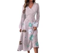Meine Bestellung Anzeigen a Linien Kleid Damen Sommer Vintage Blumendruck V-Ausschnitt Langarm Kleid Herbst Lang Tunika Midikleid Blusenkleid Damen Kleid Damen Elegant Damen Kleider Sommer,Lila Rosa,S