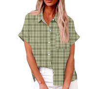 Meine Bestellung Anzeigen, Damen Bluse Tunika Damen Vintage Kariert Drucken Leinen Hemd Mit Taschen Lässige Lose Kurzarm Blusenshirt Damen Leinenbluse Leinen Damen(Green,XL)