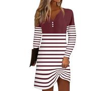 Meine Bestellung, Sommerkleid Damen Elegant Sexy Kleid Damen Gestreiftesdruck V-Ausschnitt Lange Ärmel Bluse Kleid Casual Knopfleiste Minikleid Boho Kleid Damen Boho Kleider Damen Sommer(Wine,3Xl)