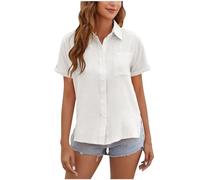 Meine Bestellungen Anzeigen 2024, Blusen & Tuniken Für Damen Musselin Bluse Damen Kurzarm Einfarbig Baumwolle Leinen Hemd Mit Tasche Schlitz Kurzarm Oberteile Damenbluse Kurzarm (Weiß,M)