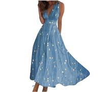 Meine bestellungen anzeigen 2024 Boho-Kleid italienische Kleider Sommerkleider Damen lang Blumen Druck V-Ausschnitt Ärmellos Strand Lang Kleid Damen Sommerkleid elegant Prom Dress (Blau, M)