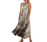 Meine bestellungen anzeigen 2024 Boho Kleid Kleid Sommer italienische Kleider musselin Blumen Druck Rundhals Ärmellos Lang Strand Kleid Elegante Kleider für ältere Frauen Taufkleid (Khaki, S)