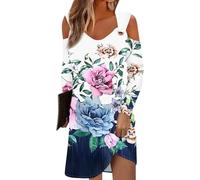 Meine bestellungen anzeigen 2024 hochzeitskleid Langarm Kleid Sommerkleider midi V-Ausschnitt Blumen Druck Kalte Schulter Lange Ärmel Mini Kleid Reifrock brautkleid Tunika Sommer (Hot Pink, 3XL)