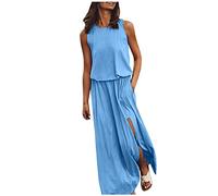 Meine bestellungen anzeigen 2024 Kleider Sommer elegant Kleid Weiss Sommer Sommerkleid leicht Einfarbig Patchwork Rundhals Maxi Ärmellos Split Kleid italienische Mode Kleider hängerkleid (Blau, L)