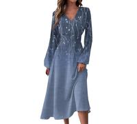 Meine Bestellungen Anzeigen 2024 Midi Kleid Damen Sommer Herbst Kleid Vintage Blumendruck V-Ausschnitt Langarm Kleid Elegant Taille Midikleid Kleid Damen Boho-Kleid Kleider Damen Sommer Lang,Orange,XL