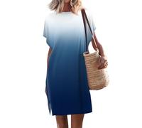 Meine bestellungen anzeigen 2024 Sommerkleid Damen lang Dress Strand Tunika Einfarbig Rundhals Fledermaus Ärmel Knielang Freizeit Kleid Sommerkleid mit ärmel Freizeitanzug (Dark Blue, XL)