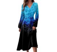 Meine Bestellungen Anzeigen 2024 Sommerkleid Damen Lang Farbverlauf Druck Lang Kleid Tunika Midikleid Taille Kleid A-Linie Partykleid Cocktailkleid Strandkleid Damen Kleid Schicke Sommerkleider,Blau,S
