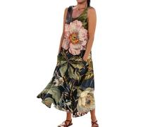 Meine bestellungen anzeigen 2024 Tunika Kleid Sommer Strandkleid lang Boho Kleider Sommer Blumen Druck Baumwolle Leinen Rundhals Ärmelloses Lang Kleid musselin Set Satinkleid (Schwarz, XXL)