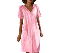 Meine bestellungen anzeigen Sommerkleid Damen elegant Boho-Kleid Baumwolle Leinen Einfarbig Spitze V-Ausschnitt Kurze Ärmel Bluse Kleid Multiway Kleid (Rosa, S)