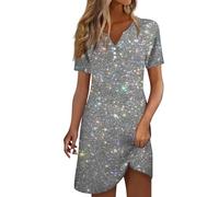 Meine bestellungen Sommerkleid elegant Sommerkleid lang Sommerkleid schwarz Muster Drucken V-Ausschnitt Kurz Ärmel Swing Knielang Strand Kleid Sommerkleider elegant chiffonkleid (Gray, XL)