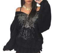 Meiweileya Damen Y2k Grunge Skull Graphic Zip Up Hoodies Emo Goth Skelett Jacke Langarm, Dunkelgrau Schwarz, L