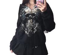 Meiweileya Damen Y2k Grunge Skull Graphic Zip Up Hoodies Emo Goth Skelett Jacke Langarm, Earth Black, M