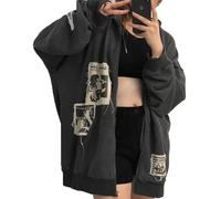 Meiweileya Damen Y2k Grunge Totenkopf Grafik Reißverschluss Kapuzenpullover Emo Goth Skelett Jacke Langarm, S