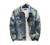 MEIZHAUNG Lockere Herren-Jeansjacke - zerrissene, Lange Ärmel, Herbst-Jeansmantel, Retro-Tooling-Revers, geknöpftes Cowboy-Oberteil, Blau, L