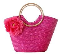 MEIZHITU Korbtaschen Damen Rattan Gewebte Handtasche Blumen Umhängetasche Gewebte Tasche Freizeit Urlaub Tote Strandtasche Damen Sommer Strand Geldbörse(Color:Rose red)