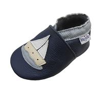Mejale Weicher Leder Krabbelschuhe Baby Hausschuhe mit Gummisohle Halt Anti-Rutsch-Jungen-Mädchen-Schuhe für Kleinkinder Karikatur Segelboot (Dunkelblau, 6-12 Monate, M)