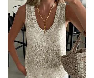 Mejors Damen Französischer Casual Süßer glänzender durchsichtiger Stoff asymmetrischer Saum Rundhals ärmelloser Strick Camisole Top, Apricot Weiß, Som