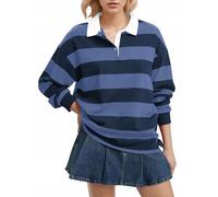 Meladyan Rugbyshirt für Damen, gestreiftes Poloshirt im Oversize-Stil, Langarmshirt mit Kragen und V-Ausschnitt, Y2K-Streetwear