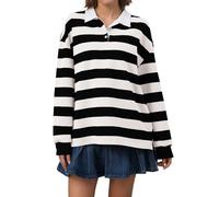 Meladyan Rugbyshirt für Damen, gestreiftes Poloshirt im Oversize-Stil, Langarmshirt mit Kragen und V-Ausschnitt, Y2K-Streetwear