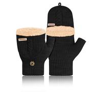 MELLIEX Thermo Halbfinger Handschuhe, Fingerlose Handschuhe mit Kappe, Dicke Strickhandschuhe, Weiche Fäustlinge, Schwarz, Unisex, Medium to Large (M/L), Acryl + Polyester (50/50)